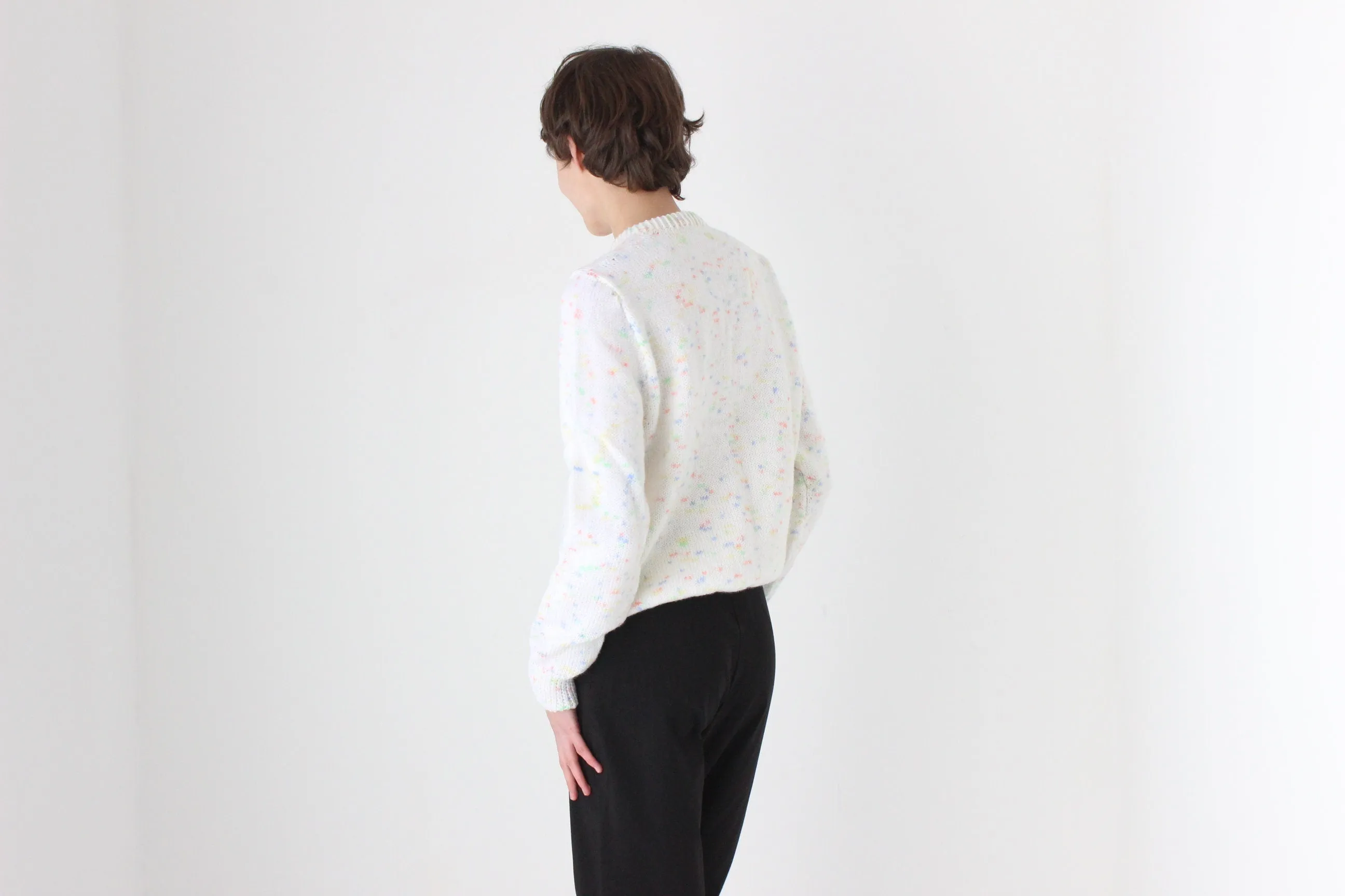 80s Hand Knit White 'Confetti' Speckle Sweater