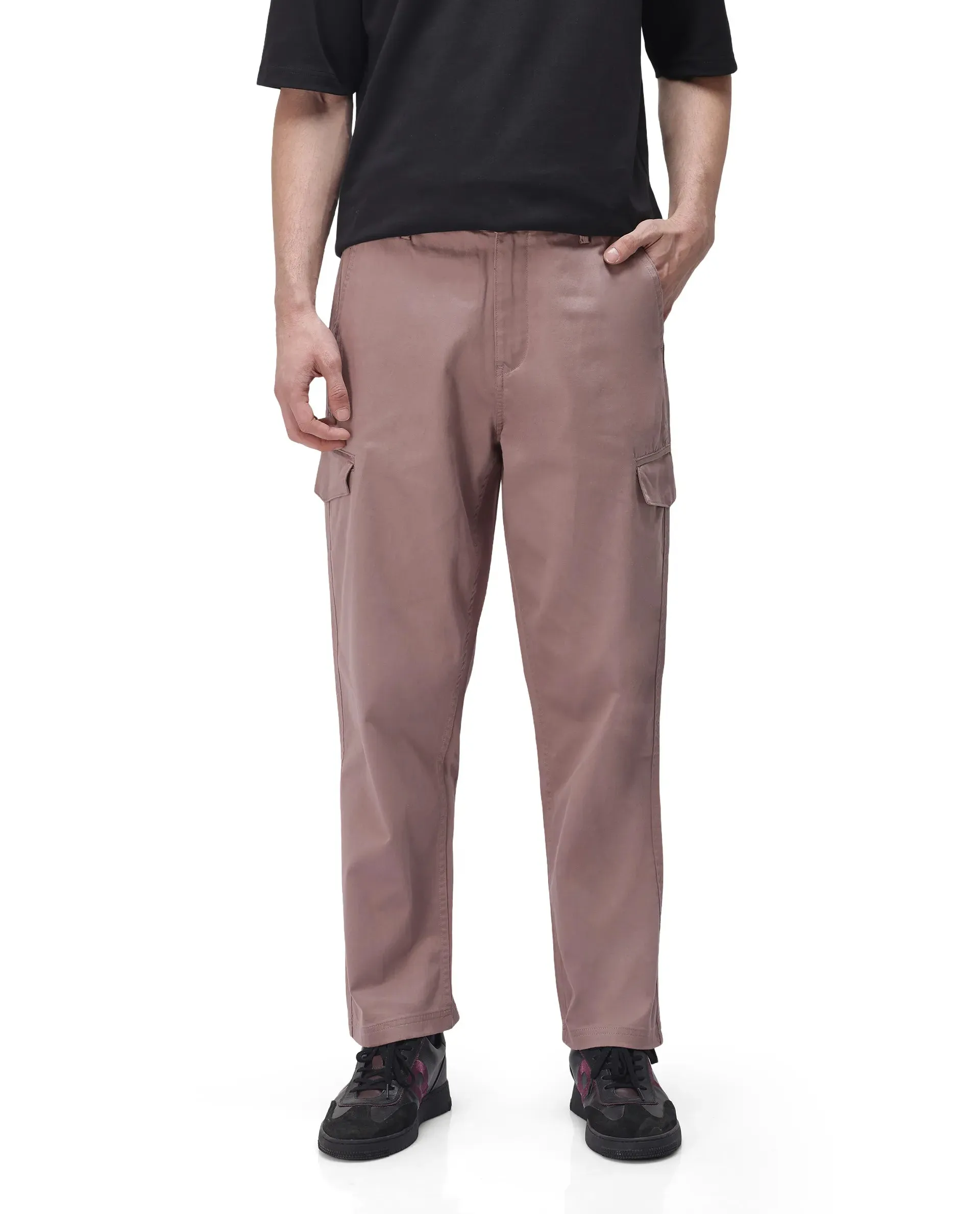 Rare Rabbit Men's Zipo Dusky Pink Cotton Fabric Mid Rise Regular Fit Solid Cargo Trouser